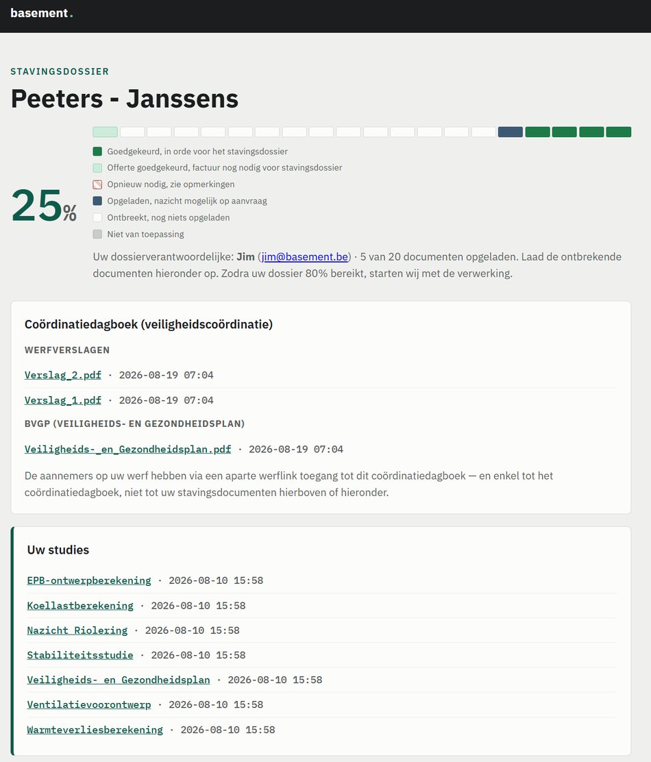Het stavingsdossier in het klantenportaal, met voortgang, coördinatiedagboek en studies